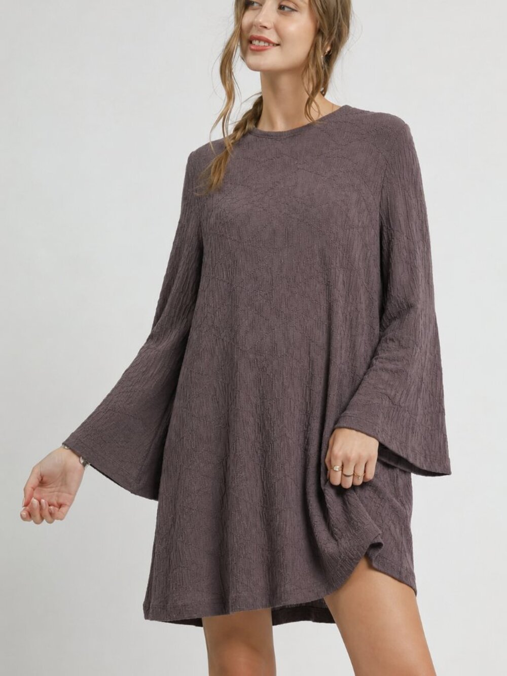 Umgee USA Textured Knit Tunic Top | Medium | Mauve Taupe Boho Top